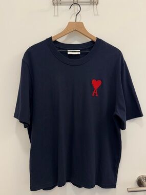 AMI PARIS Men's Cotton Red Ami de Coeur T-shirt Navy blue Short-Sleeve Crewneck